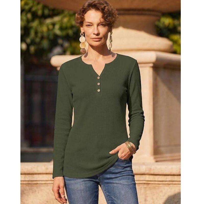 Womens Long Sleeve Waffle Knit Shirts, Dressy Casual Loose Button Up V Neck Tops, Fall Basic Tee Blouse