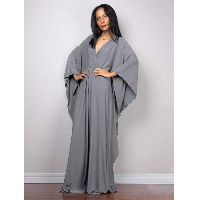 Moomoo Dresses for Women, Plus Size V Neck Long Batwing Sleeve Floral Beach Cover Up Dress
