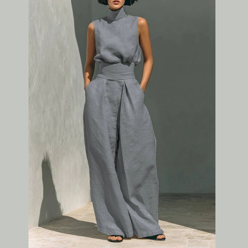 Womens Minimalist Linen Two Piece Set, Elegant Mock Neck Sleeveless Top and Wide Leg Pants Outfit, Vintage Casual Matching Suit