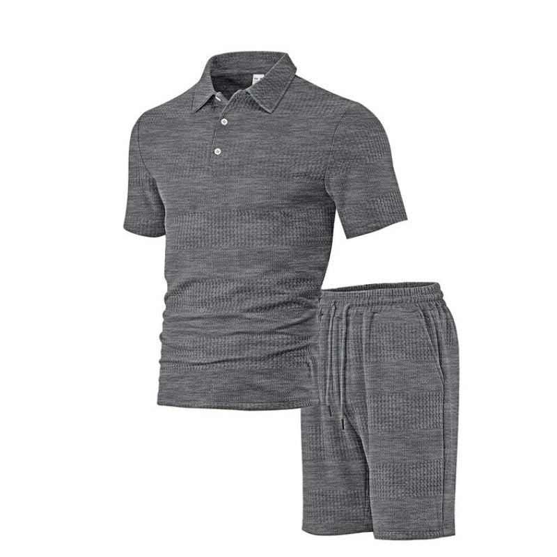 Mens Knitted Polo and Shorts Set, Vintage Casual Two Piece Outfits, Short Sleeve Textured Tracksuit