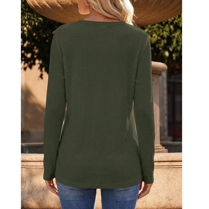Womens Long Sleeve Waffle Knit Shirts, Dressy Casual Loose Button Up V Neck Tops, Fall Basic Tee Blouse