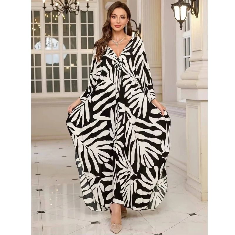 Moomoo Dresses for Women, Plus Size V Neck Batwing Sleeve Floral Kaftan Beach Cover Up Dress