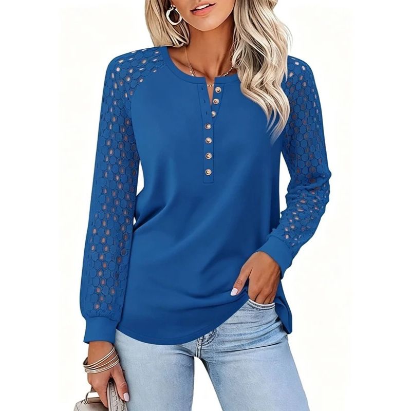 Womens Lace Long Sleeve Henley Top - Casual Fall Blouse