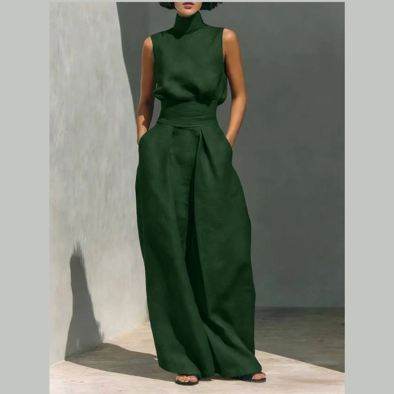 Womens Minimalist Linen Two Piece Set, Elegant Mock Neck Sleeveless Top and Wide Leg Pants Outfit, Vintage Casual Matching Suit