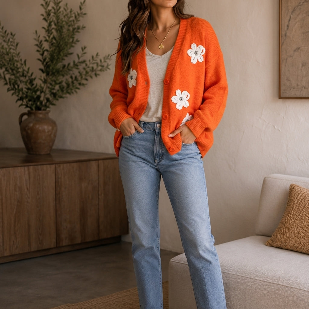 Womens Button-Front Cardigan with Floral Embroidery and Soft Knit Fabric