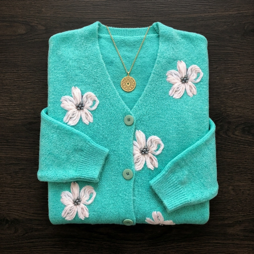 Womens Button-Front Cardigan with Floral Embroidery and Soft Knit Fabric