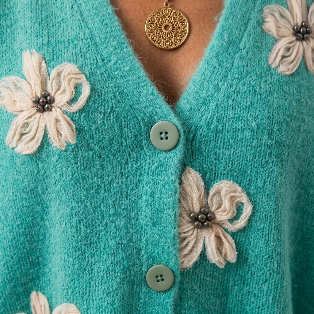 Womens Button-Front Cardigan with Floral Embroidery and Soft Knit Fabric