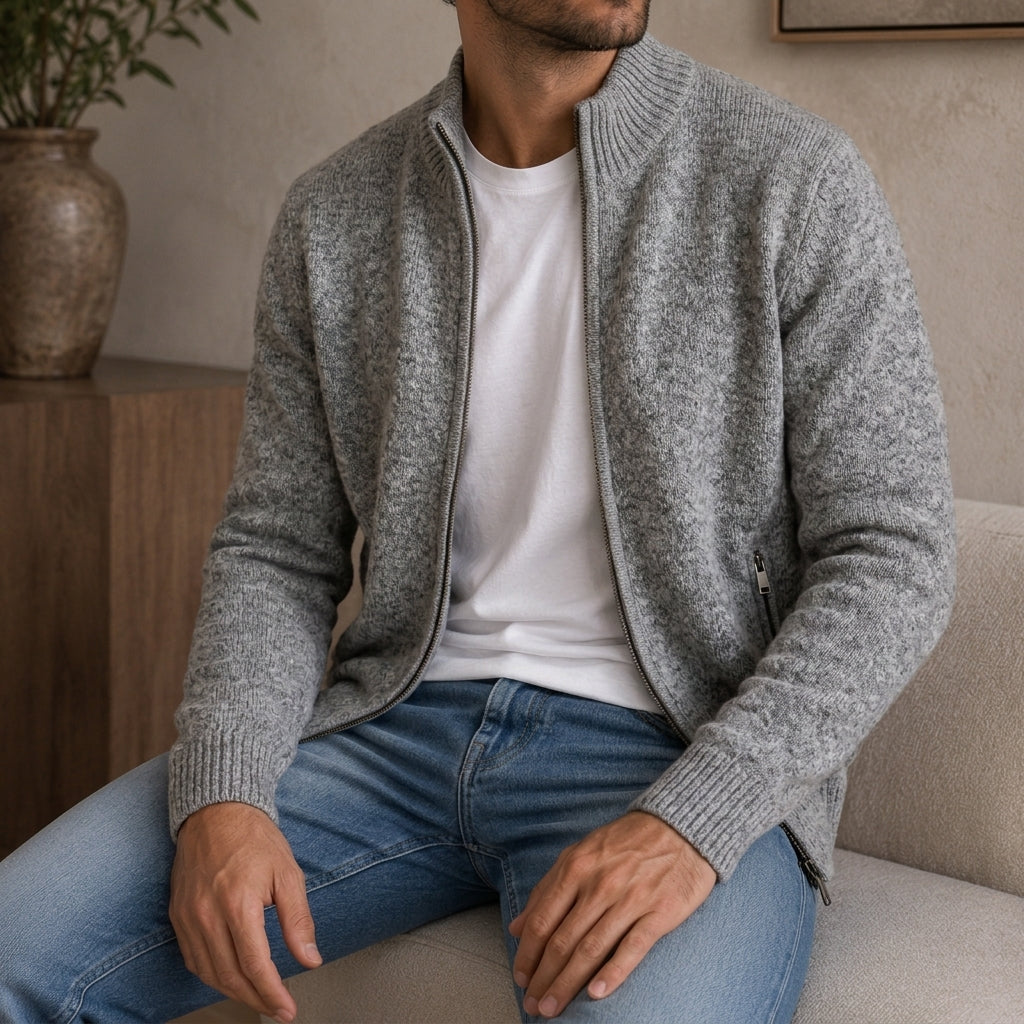 Merino Wool Zip Front Sweater with Ribbed Cuffs and Regular Fit