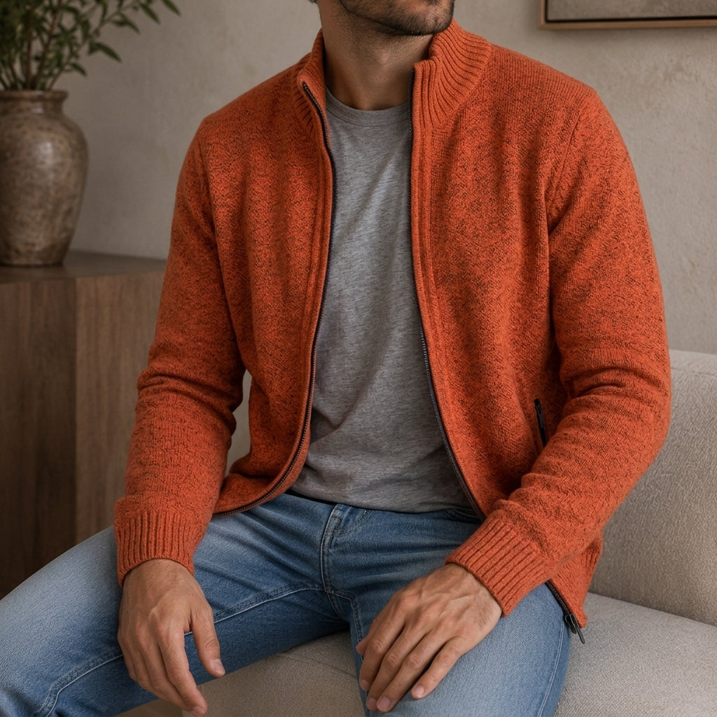 Merino Wool Zip Front Sweater with Ribbed Cuffs and Regular Fit