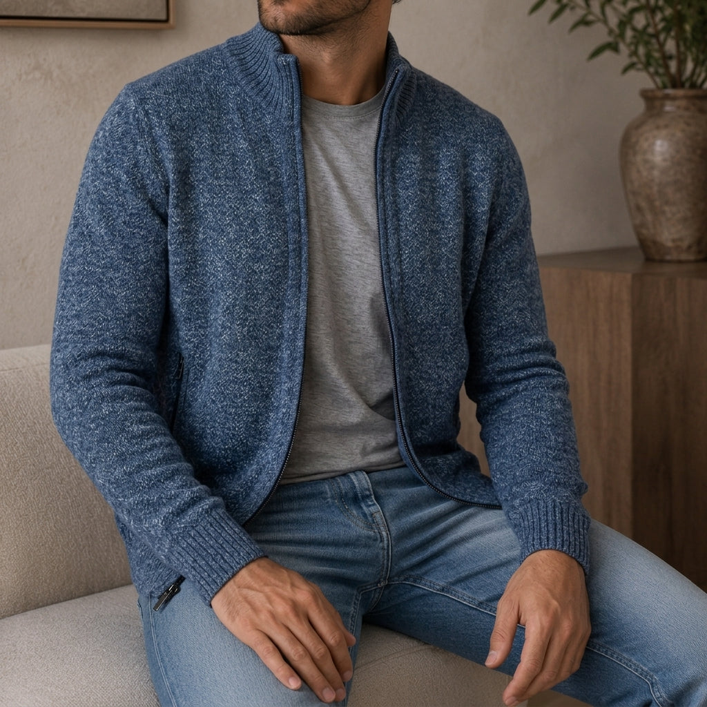 Merino Wool Zip Front Sweater with Ribbed Cuffs and Regular Fit