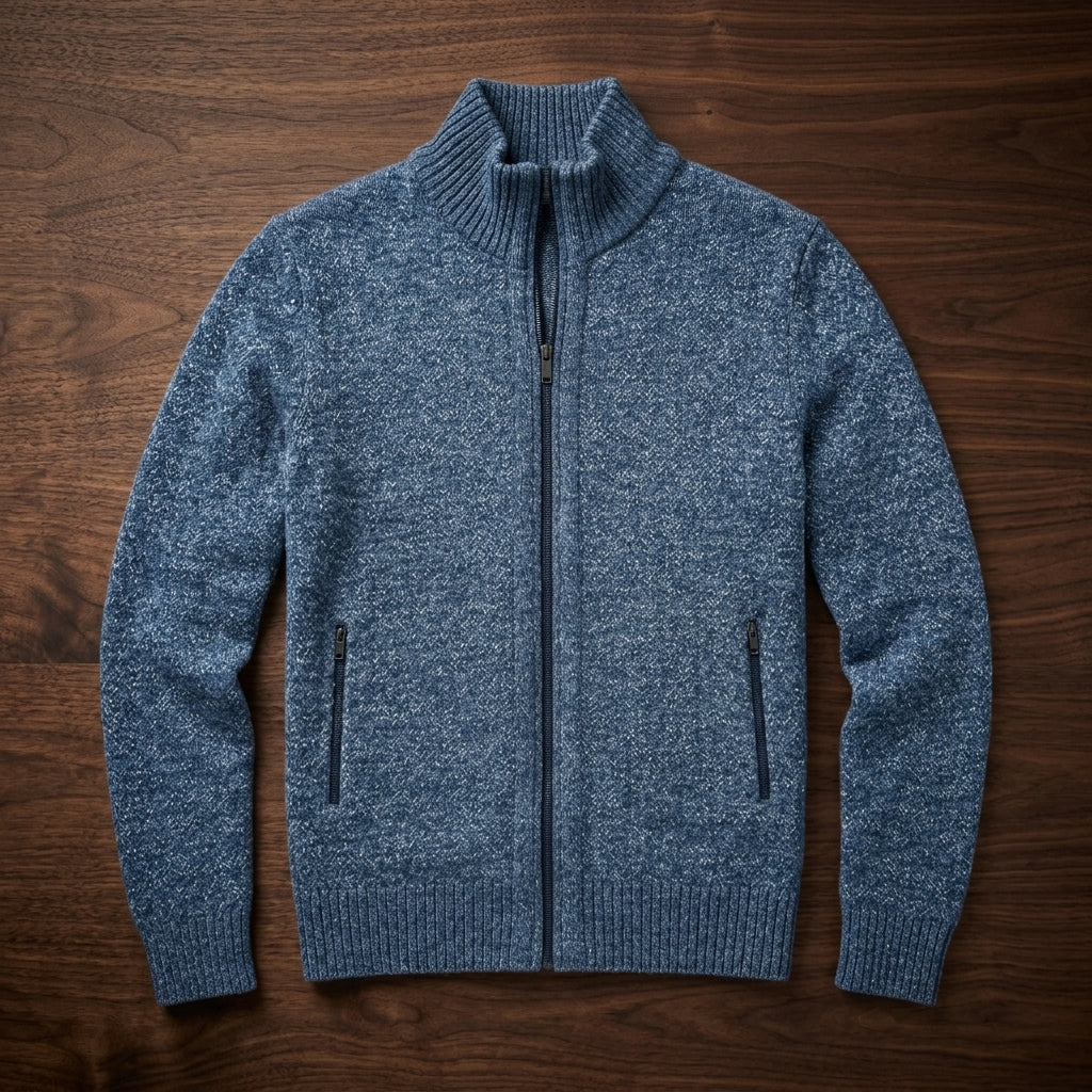 Merino Wool Zip Front Sweater with Ribbed Cuffs and Regular Fit