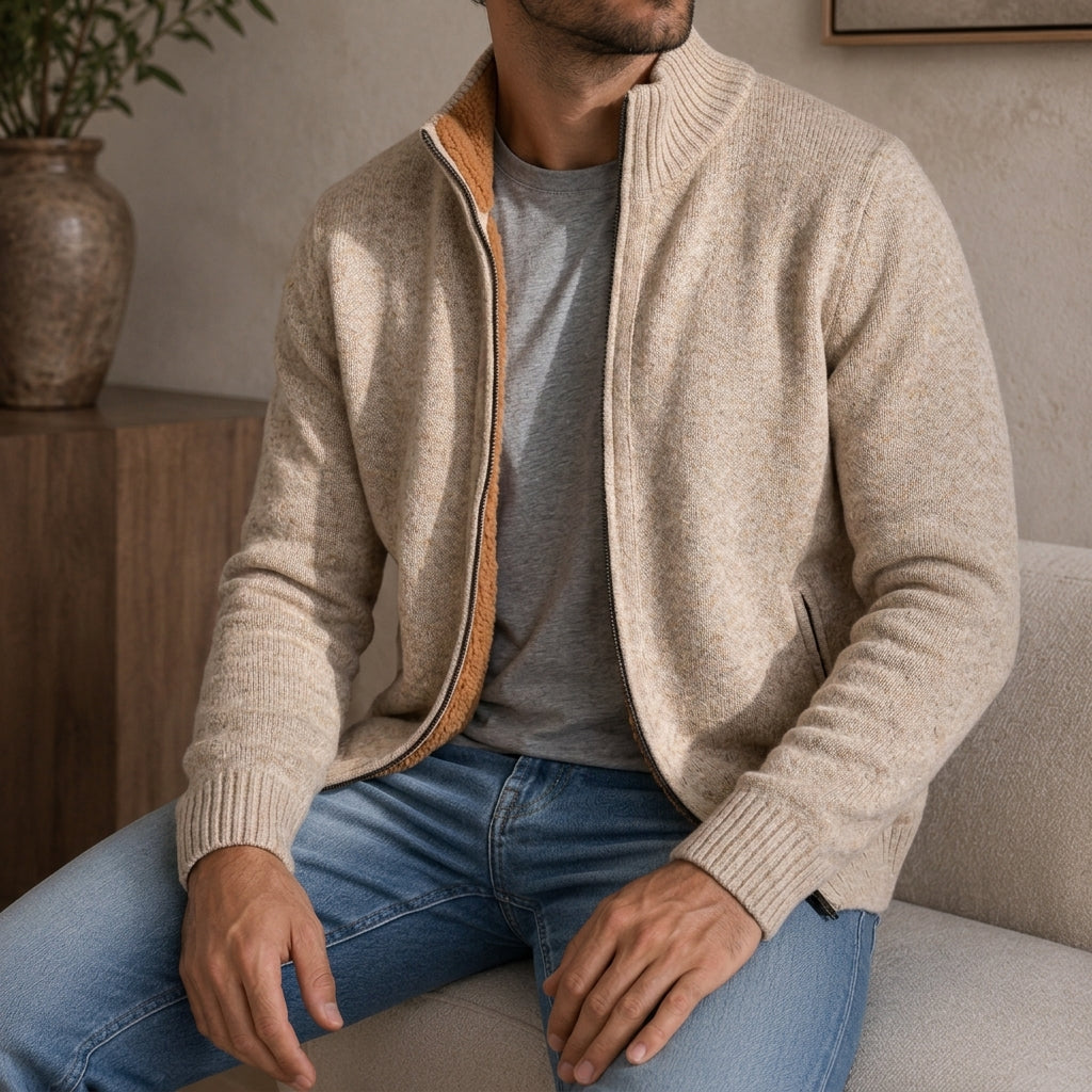 Merino Wool Zip Front Sweater with Ribbed Cuffs and Regular Fit