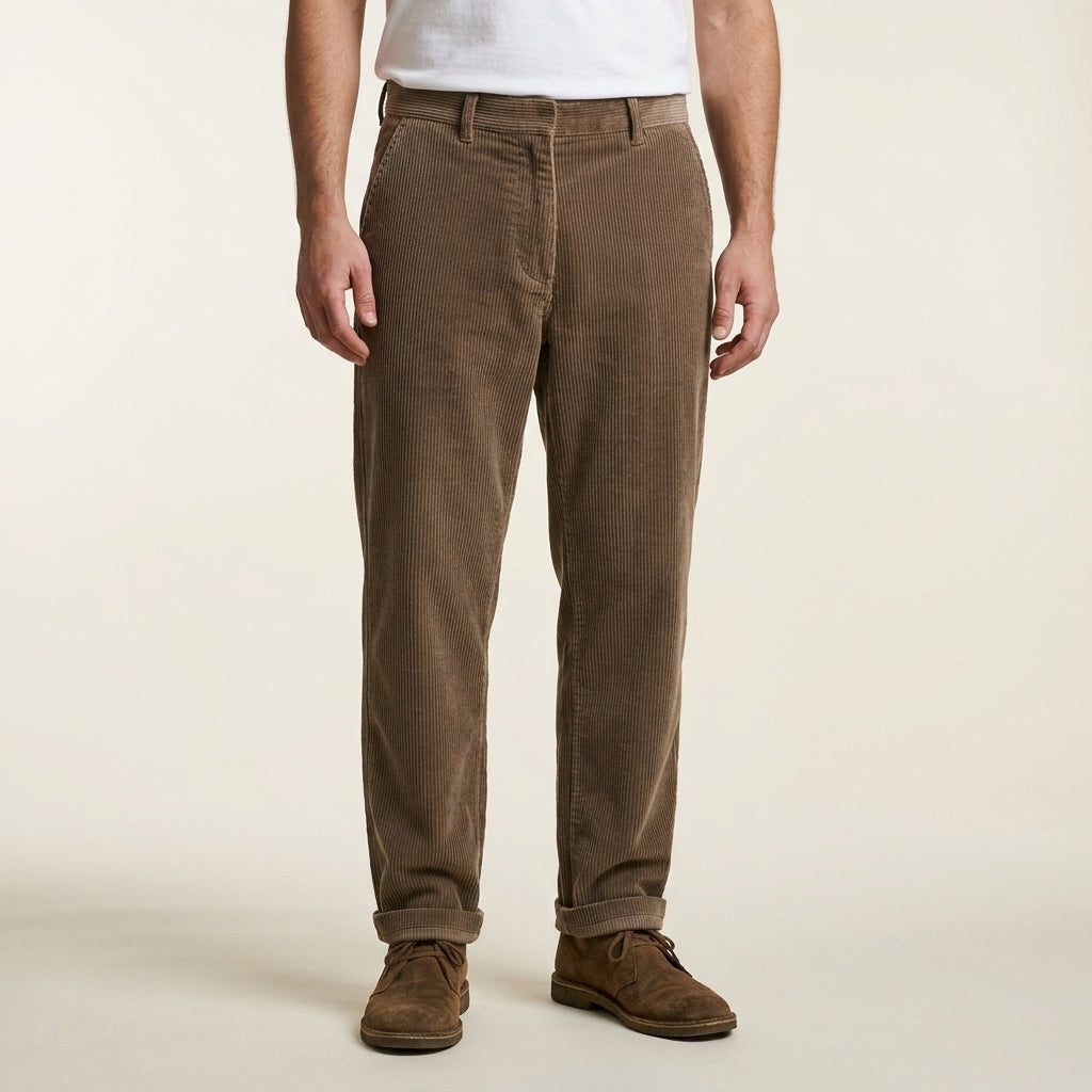 Regular Fit Corduroy Trousers with Natural Waist and Textured Fabric