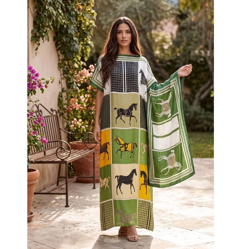 Moomoo Dresses for Women, Bohemian Printed Long Dress and Scarf Set Beach Vacation Matching Outfit