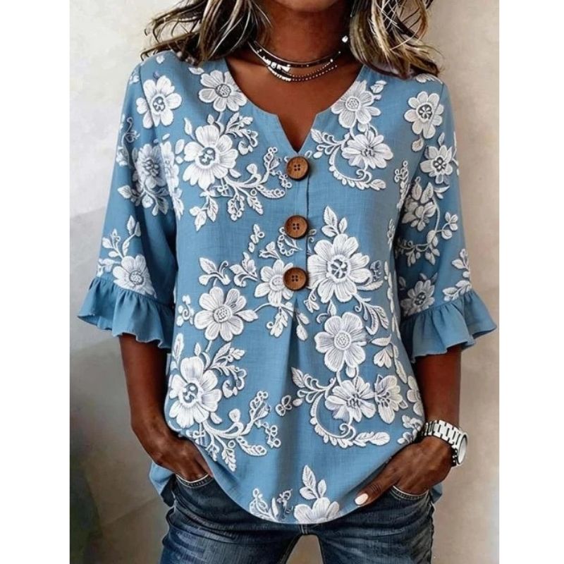 Womens Floral Print Linen Blouse, Vintage V Neck Sleeve Shirt, Casual Ruffle Cuff Button Down Tops