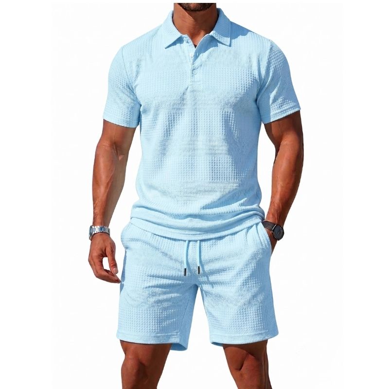 Mens Knitted Polo and Shorts Set, Vintage Casual Two Piece Outfits, Short Sleeve Textured Tracksuit