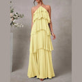 Womens Halter Backless Maxi Dress, Ruffle Layered Wedding Guest and Formal Dress