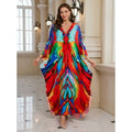 Moomoo Dresses for Women, Plus Size V Neck Batwing Sleeve Floral Kaftan Beach Cover Up Dress