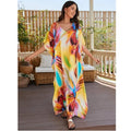 Moomoo Dresses for Women, Plus Size Loose Fit Moroccan Print V Neck Batwing Kaftan Beach Dress