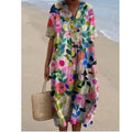 Womens Cotton Maxi Dress, Floral V Neck Short Sleeve Oversized Casual Midi Dress