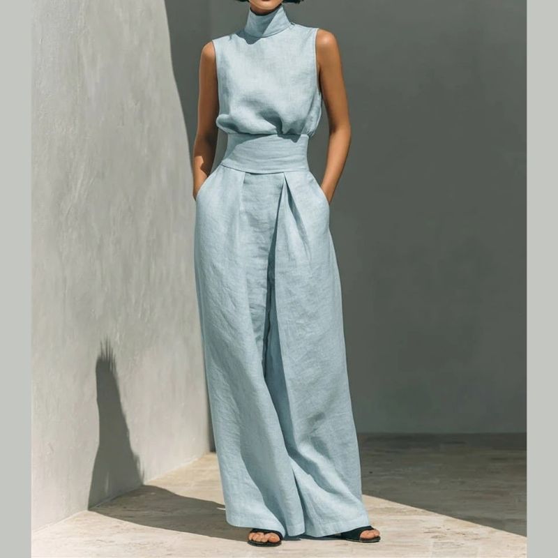 Womens Minimalist Linen Two Piece Set, Elegant Mock Neck Sleeveless Top and Wide Leg Pants Outfit, Vintage Casual Matching Suit