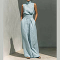 Womens Minimalist Linen Two Piece Set, Elegant Mock Neck Sleeveless Top and Wide Leg Pants Outfit, Vintage Casual Matching Suit