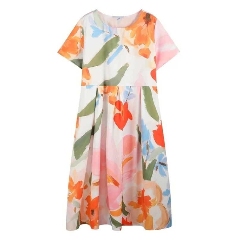 Womens Floral A Line Midi Dress, Short Sleeve Casual Summer Dress