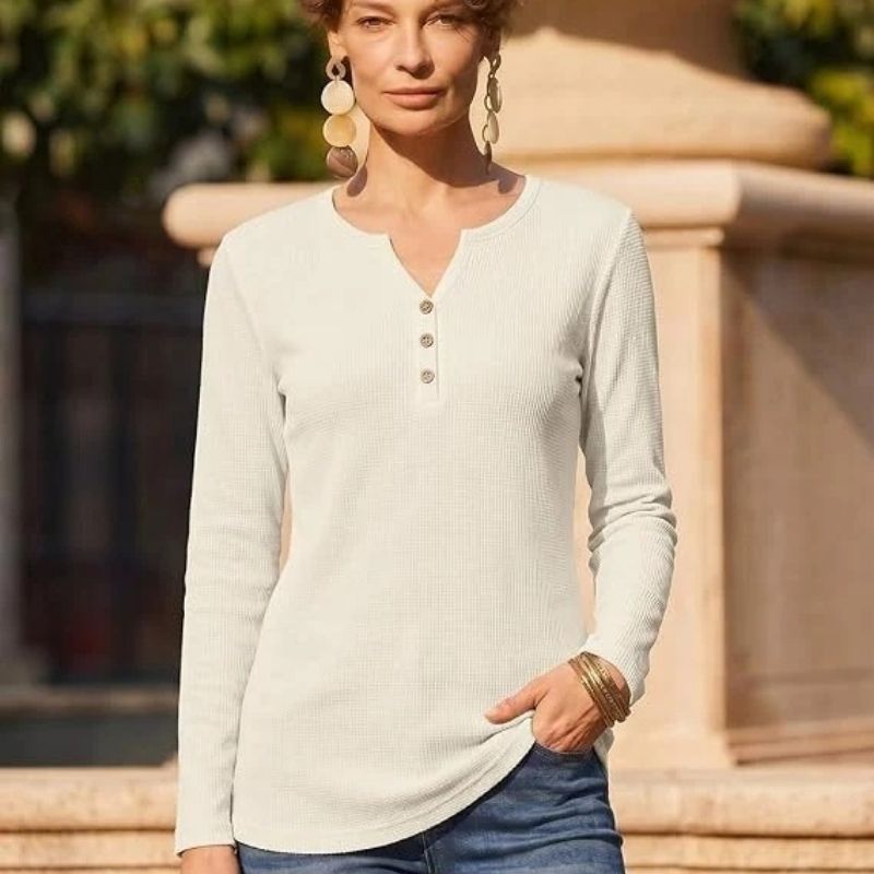 Womens Long Sleeve Waffle Knit Shirts, Dressy Casual Loose Button Up V Neck Tops, Fall Basic Tee Blouse