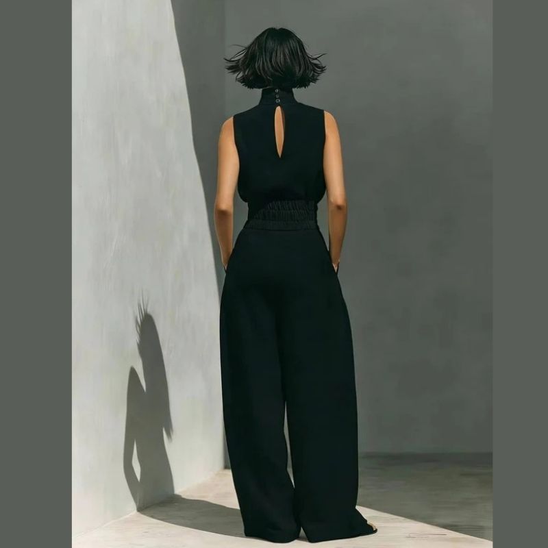 Womens Minimalist Linen Two Piece Set, Elegant Mock Neck Sleeveless Top and Wide Leg Pants Outfit, Vintage Casual Matching Suit