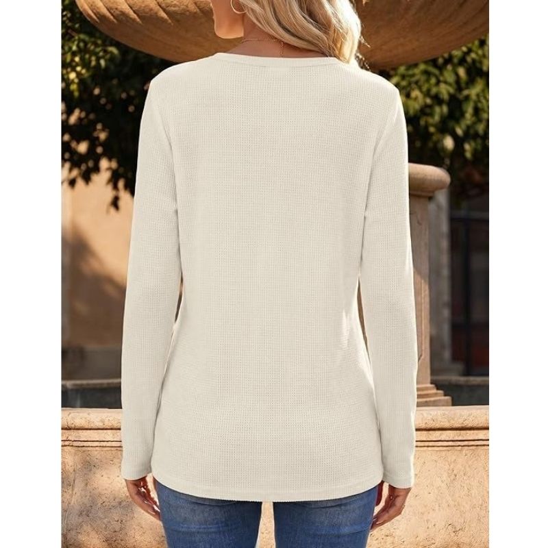 Womens Long Sleeve Waffle Knit Shirts, Dressy Casual Loose Button Up V Neck Tops, Fall Basic Tee Blouse