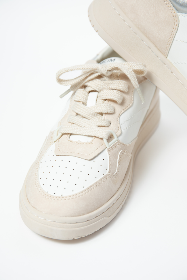 Womens Beige Sneakers, Lace-Up Faux Leather