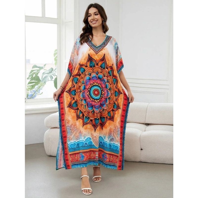 Moomoo Dresses for Women, Plus Size Loose Fit Moroccan Print V Neck Batwing Kaftan Beach Dress