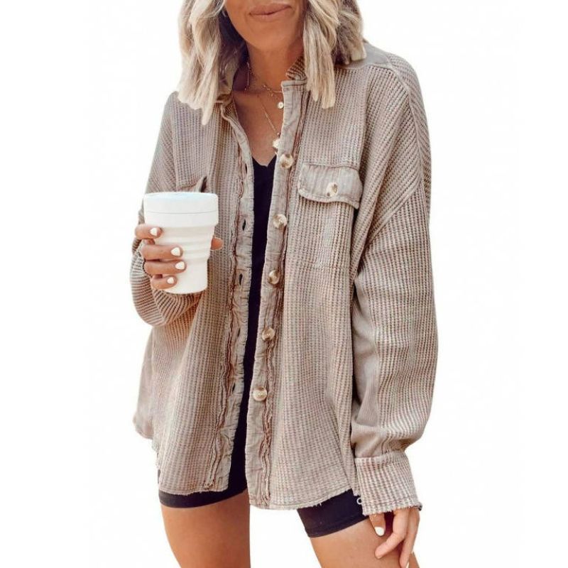 Oversized Waffle Knit Shirt Women Fall Shacket, Corduroy Long Sleeve Button Down Shirt Jacket