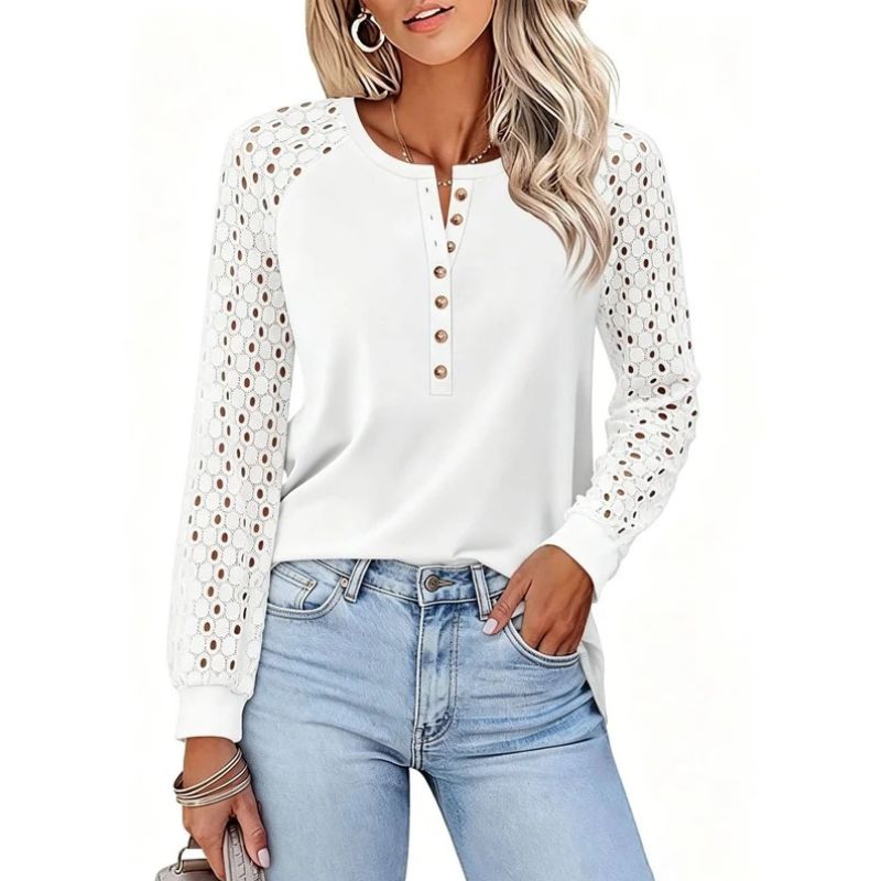 Womens Lace Long Sleeve Henley Top - Casual Fall Blouse