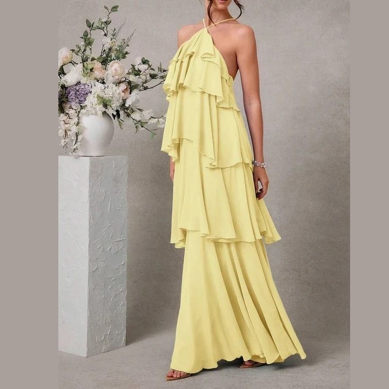 Womens Halter Backless Maxi Dress, Ruffle Layered Wedding Guest and Formal Dress