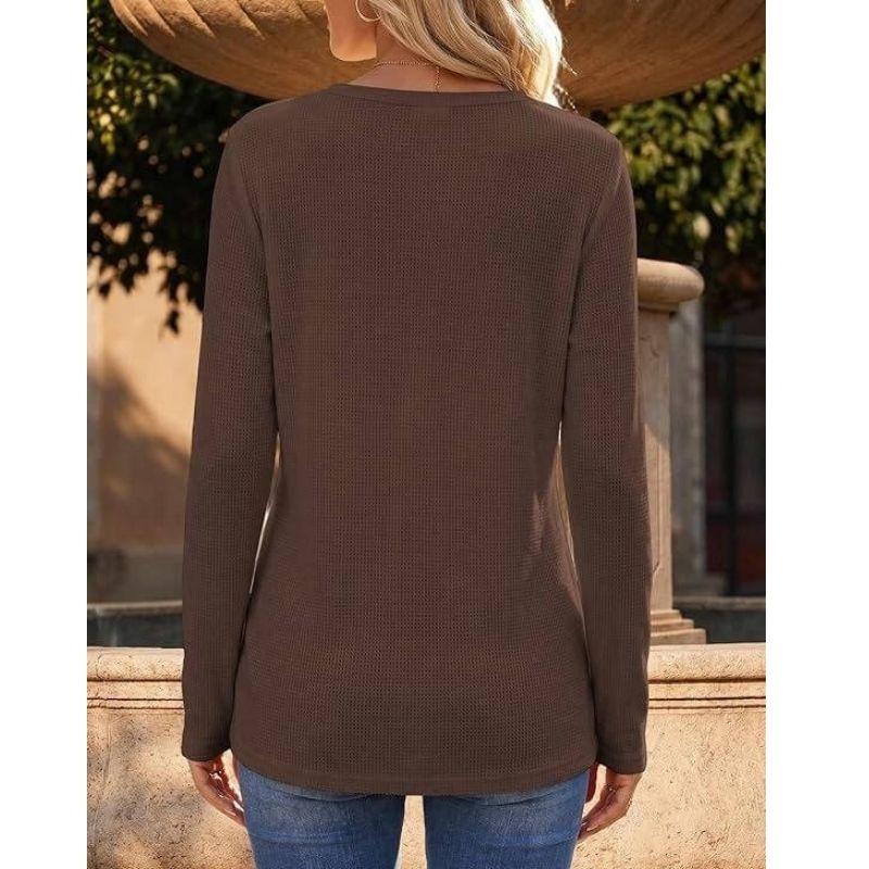 Womens Long Sleeve Waffle Knit Shirts, Dressy Casual Loose Button Up V Neck Tops, Fall Basic Tee Blouse