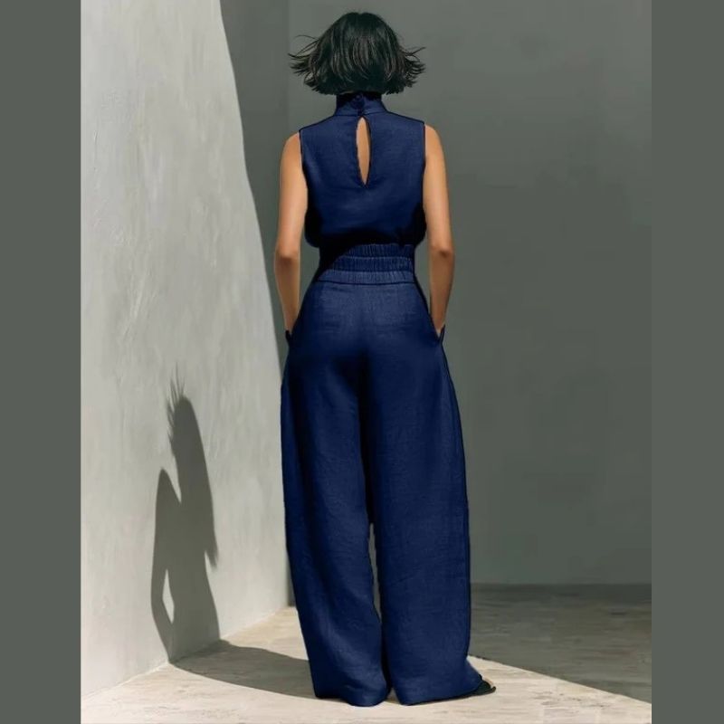 Womens Minimalist Linen Two Piece Set, Elegant Mock Neck Sleeveless Top and Wide Leg Pants Outfit, Vintage Casual Matching Suit