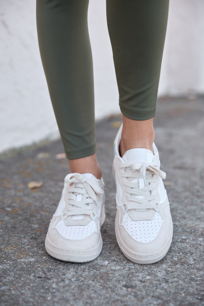 Womens Beige Sneakers, Lace-Up Faux Leather