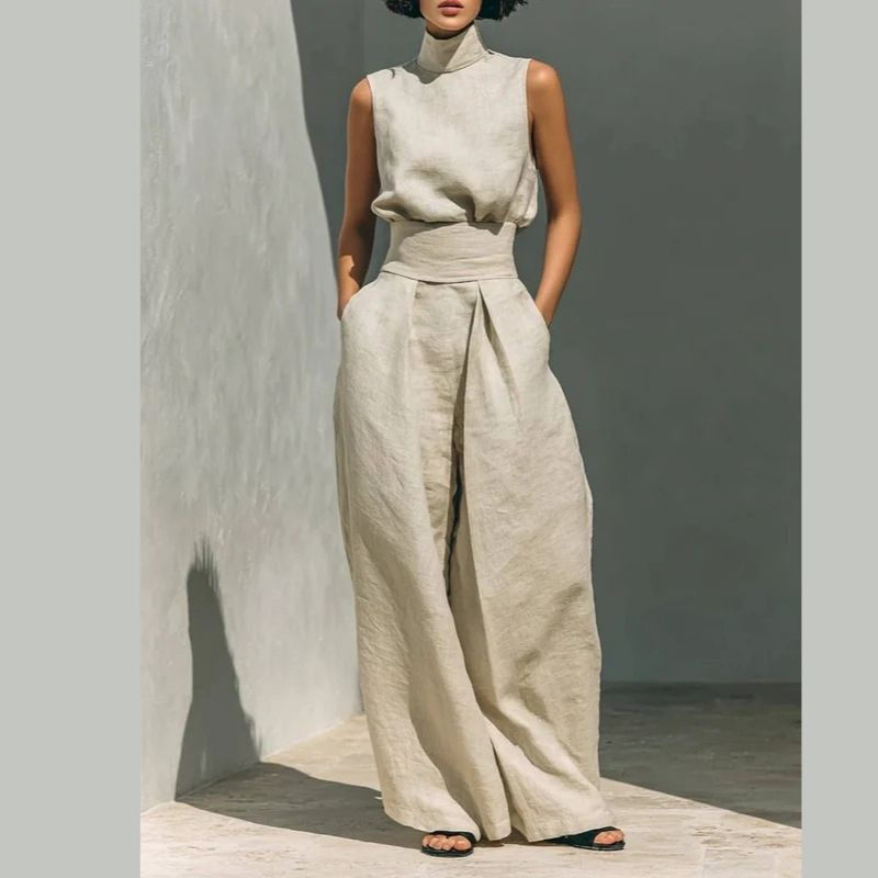 Womens Minimalist Linen Two Piece Set, Elegant Mock Neck Sleeveless Top and Wide Leg Pants Outfit, Vintage Casual Matching Suit