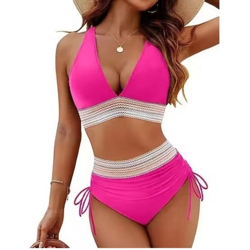 Womens High Waisted Bikini, Chevron Textured Trim Two Pieces Swimsuit, Ruched Drawstring Bathing Suit