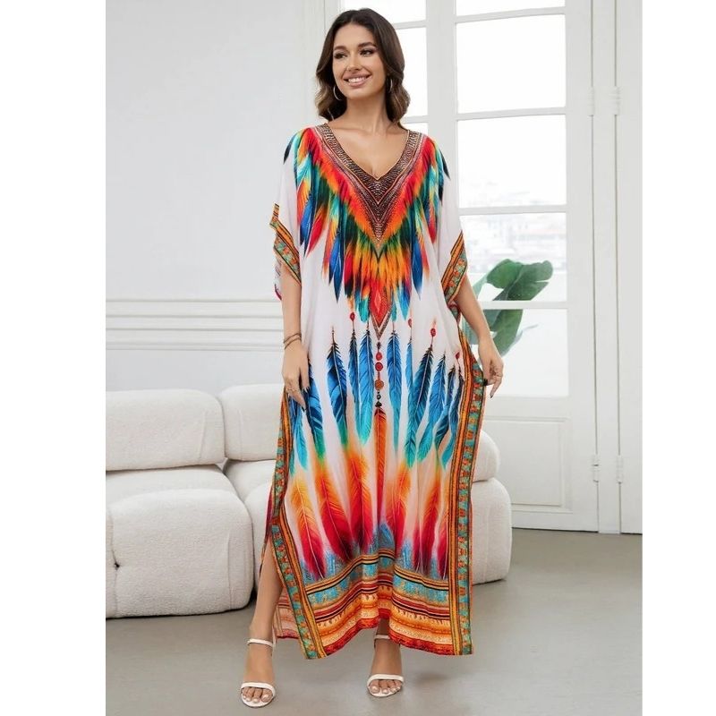 Moomoo Dresses for Women, Plus Size Loose Fit Moroccan Print V Neck Batwing Kaftan Beach Dress