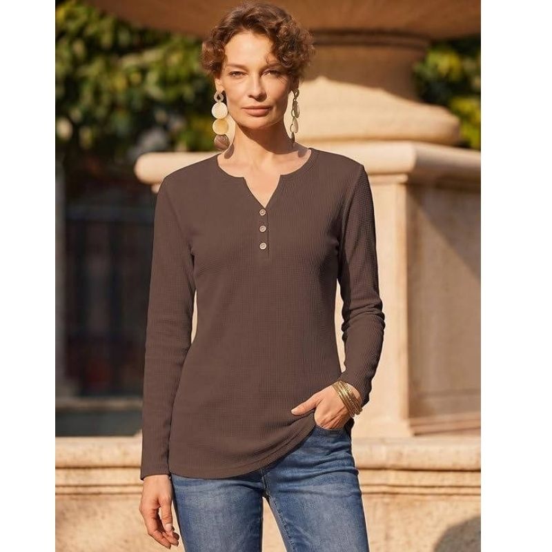 Womens Long Sleeve Waffle Knit Shirts, Dressy Casual Loose Button Up V Neck Tops, Fall Basic Tee Blouse