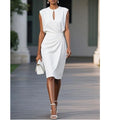 Womens Sleeveless Bodycon Work Dress, Keyhole Front Ruched Wrap Midi Dress, Elegant Fall Cocktail Party Outfit