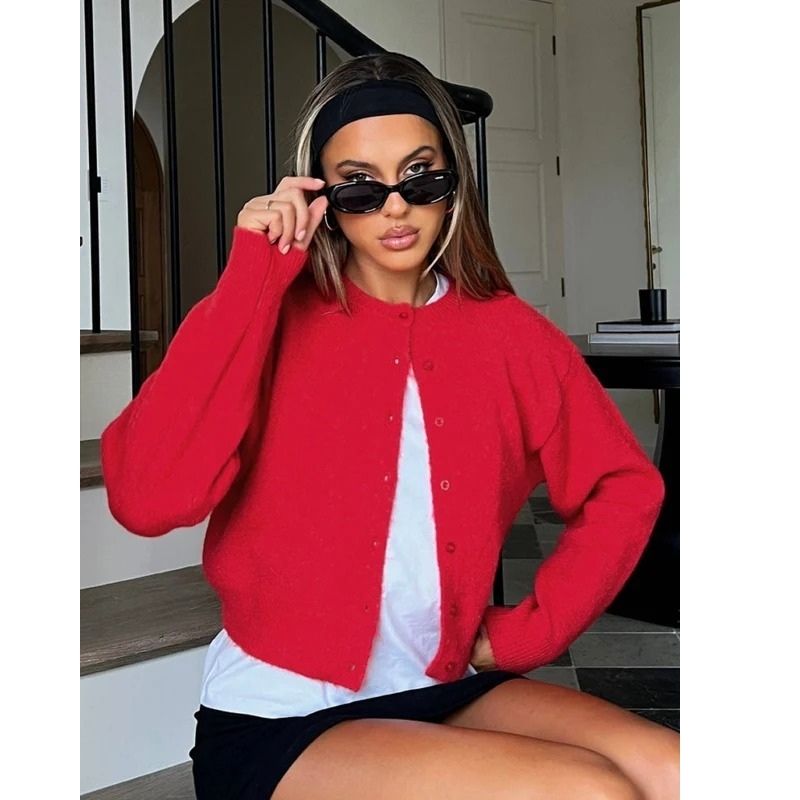 Womens Cropped Cardigan Sweaters, Crew Neck Long Sleeve Button Up Lightweight Knit