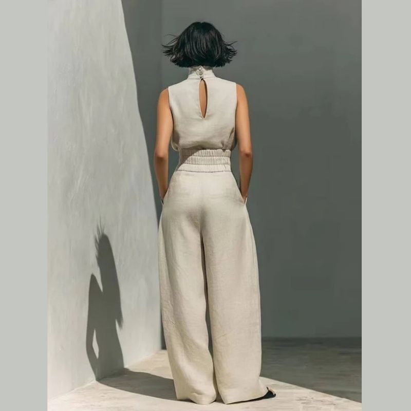 Womens Minimalist Linen Two Piece Set, Elegant Mock Neck Sleeveless Top and Wide Leg Pants Outfit, Vintage Casual Matching Suit