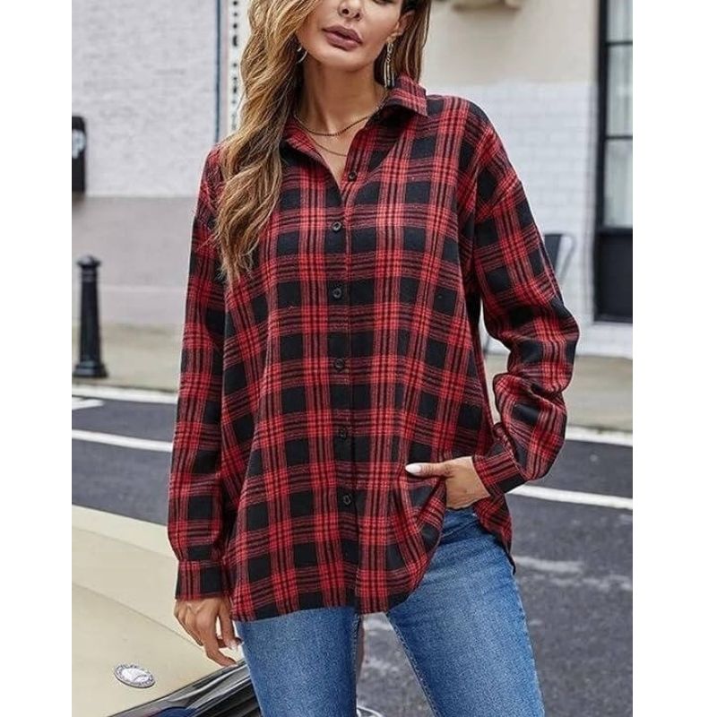 Womens Flannel Plaid Shirts, Oversized Button Down Shirt, Casual Flannel Blouse Top