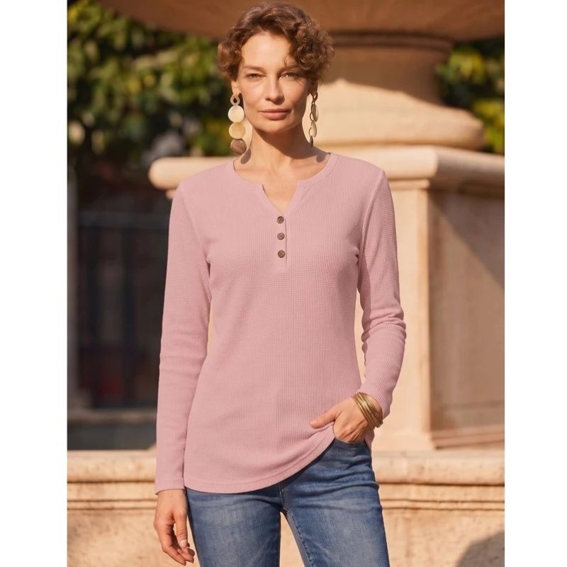 Womens Long Sleeve Waffle Knit Shirts, Dressy Casual Loose Button Up V Neck Tops, Fall Basic Tee Blouse