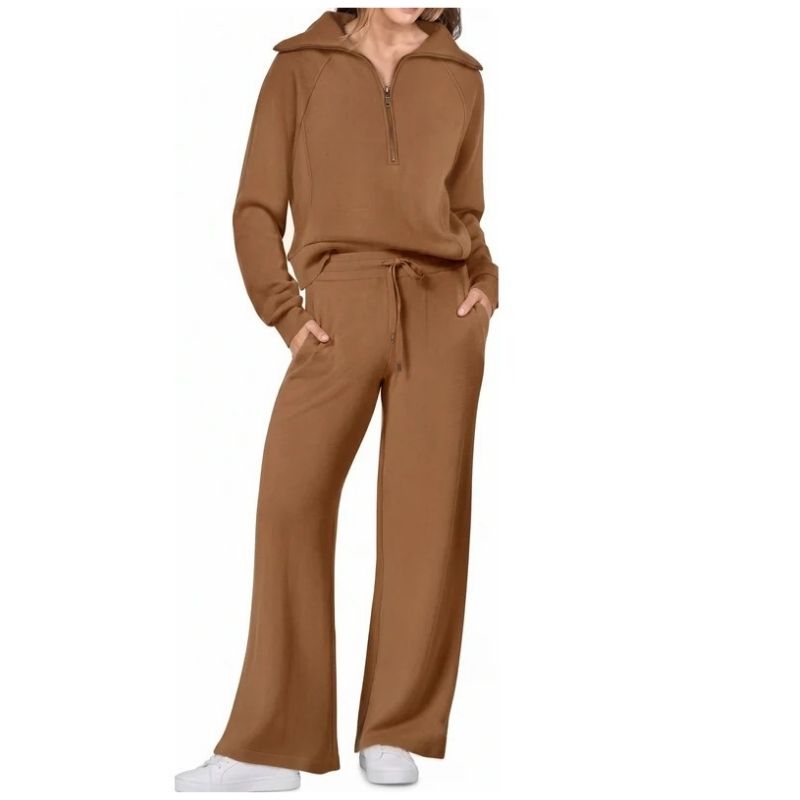 Womens 2 Piece Outfits, Casual Lapel Half Zip Sweatshirt and Wide Leg Pants Tracksuit Set