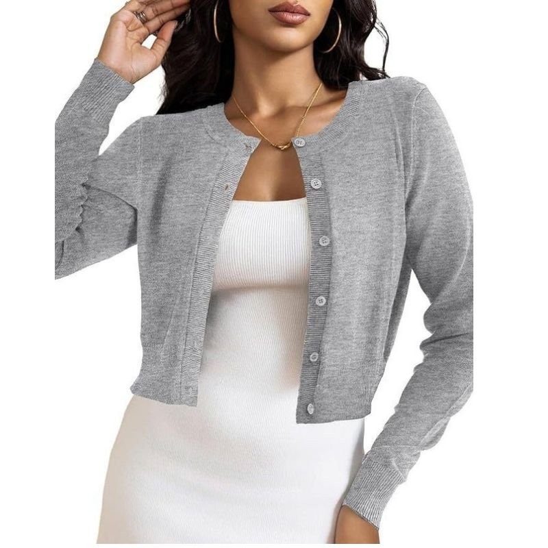 Cropped Cardigan Bolero Shrug for Women, Button Down Long Sleeve Knit Sweater for Dresses and Jeans