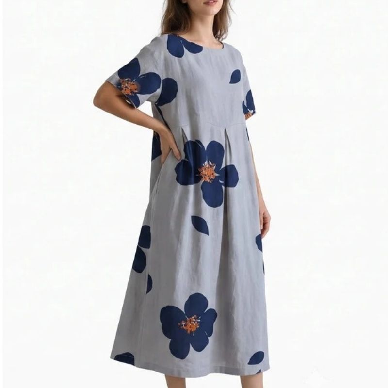 Womens Floral A Line Midi Dress, Short Sleeve Casual Summer Dress